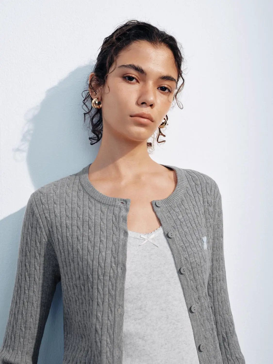 Ribbed Crew Neck Embroidered Bow Button Front Cardigan