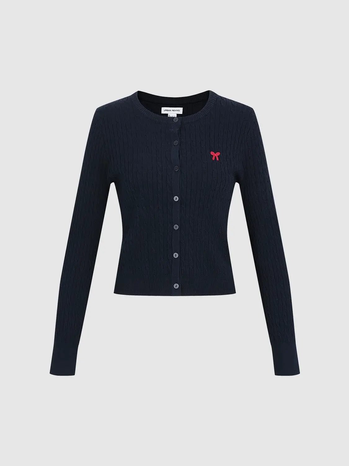 Ribbed Crew Neck Embroidered Bow Button Front Cardigan