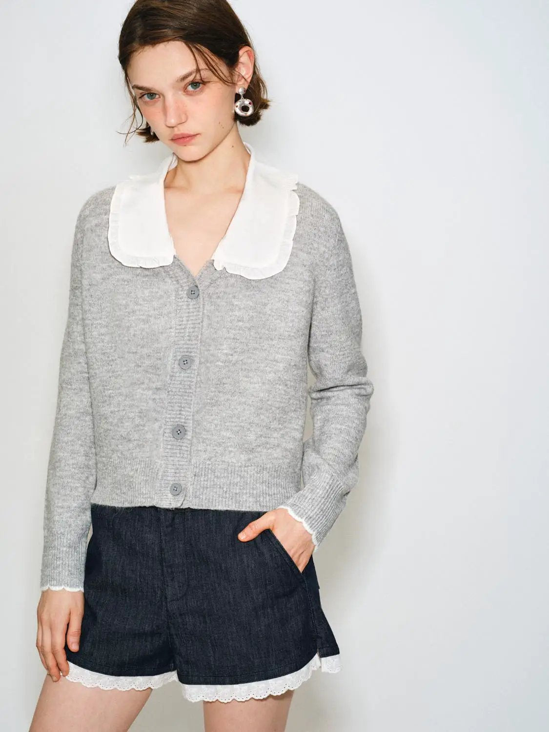 Ribbed Cotton Ruffle Collar Long Sleeve Cardigan