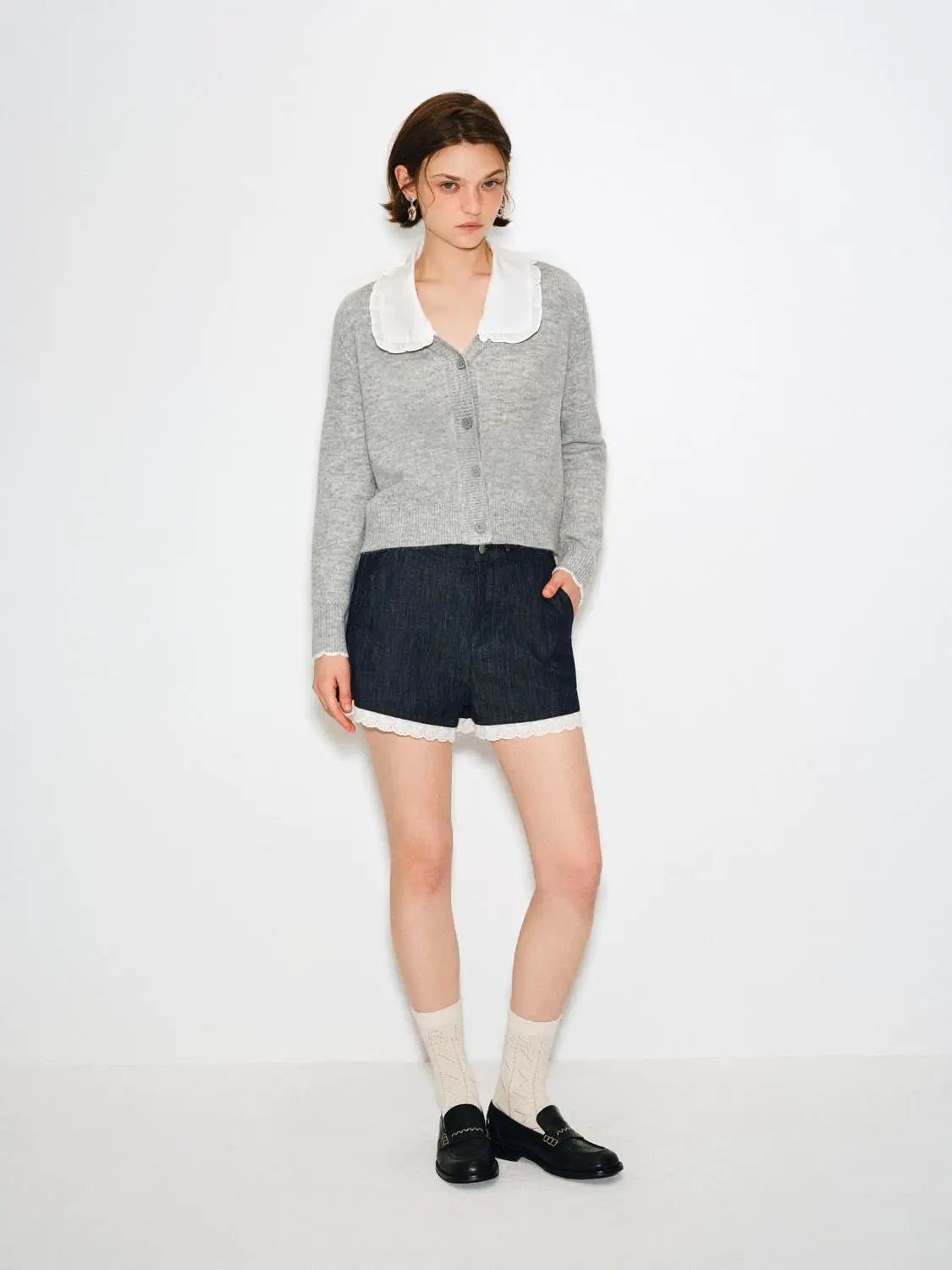 Ribbed Cotton Ruffle Collar Long Sleeve Cardigan