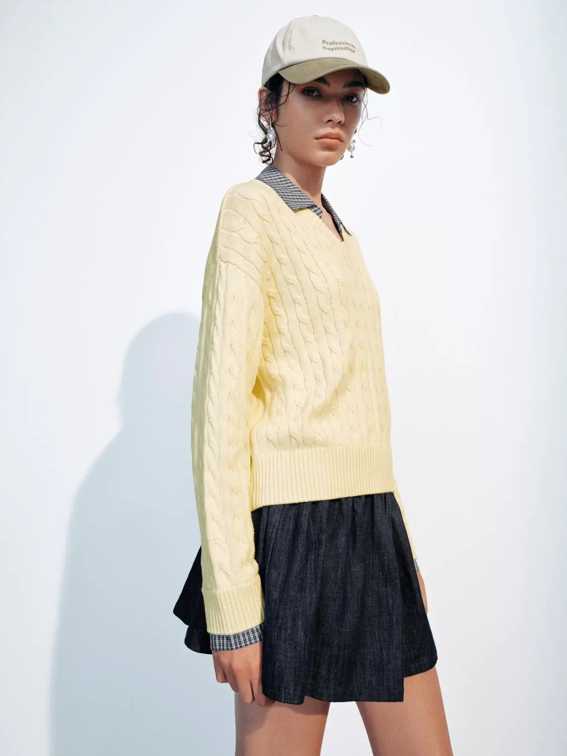 Cable Knit Checked Collar Long Sleeve Cotton Sweater
