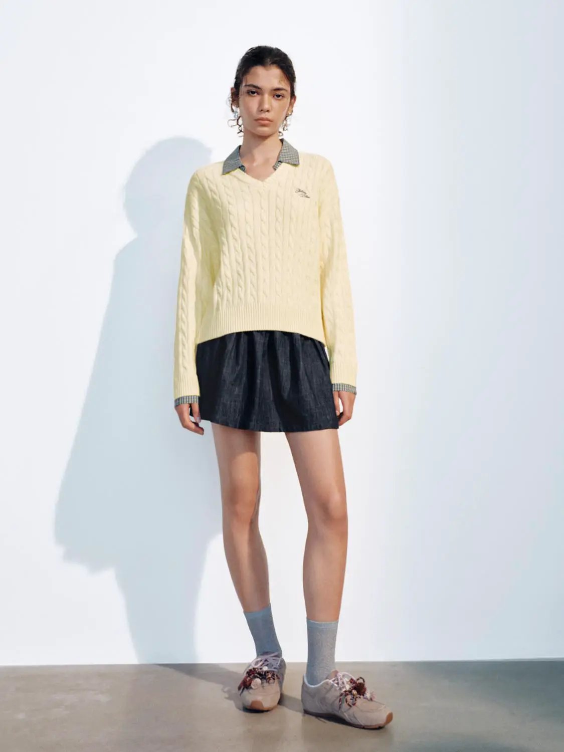 Cable Knit Checked Collar Long Sleeve Cotton Sweater