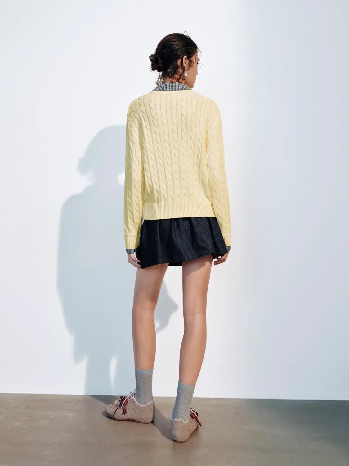 Cable Knit Checked Collar Long Sleeve Cotton Sweater