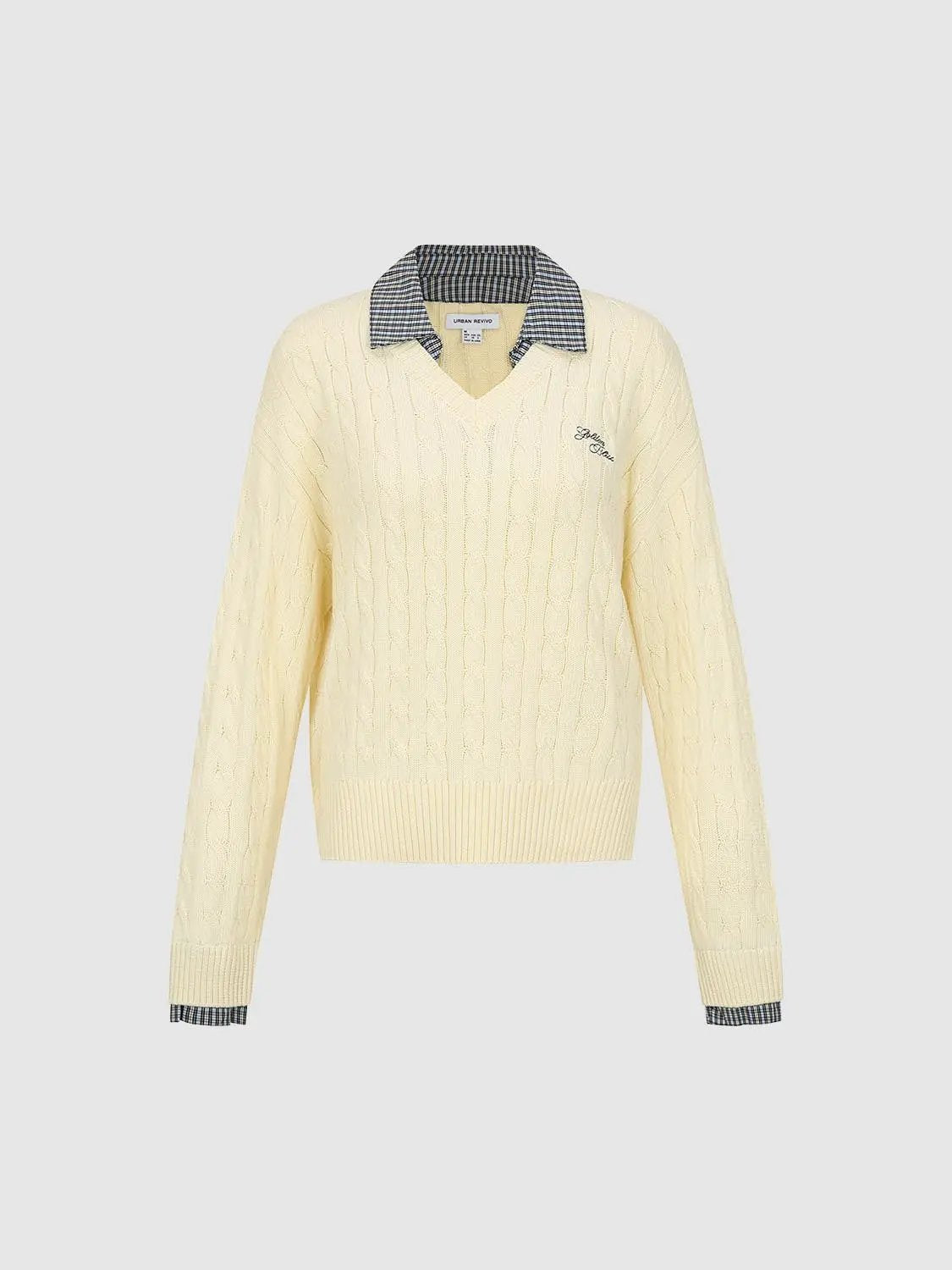 Cable Knit Checked Collar Long Sleeve Cotton Sweater