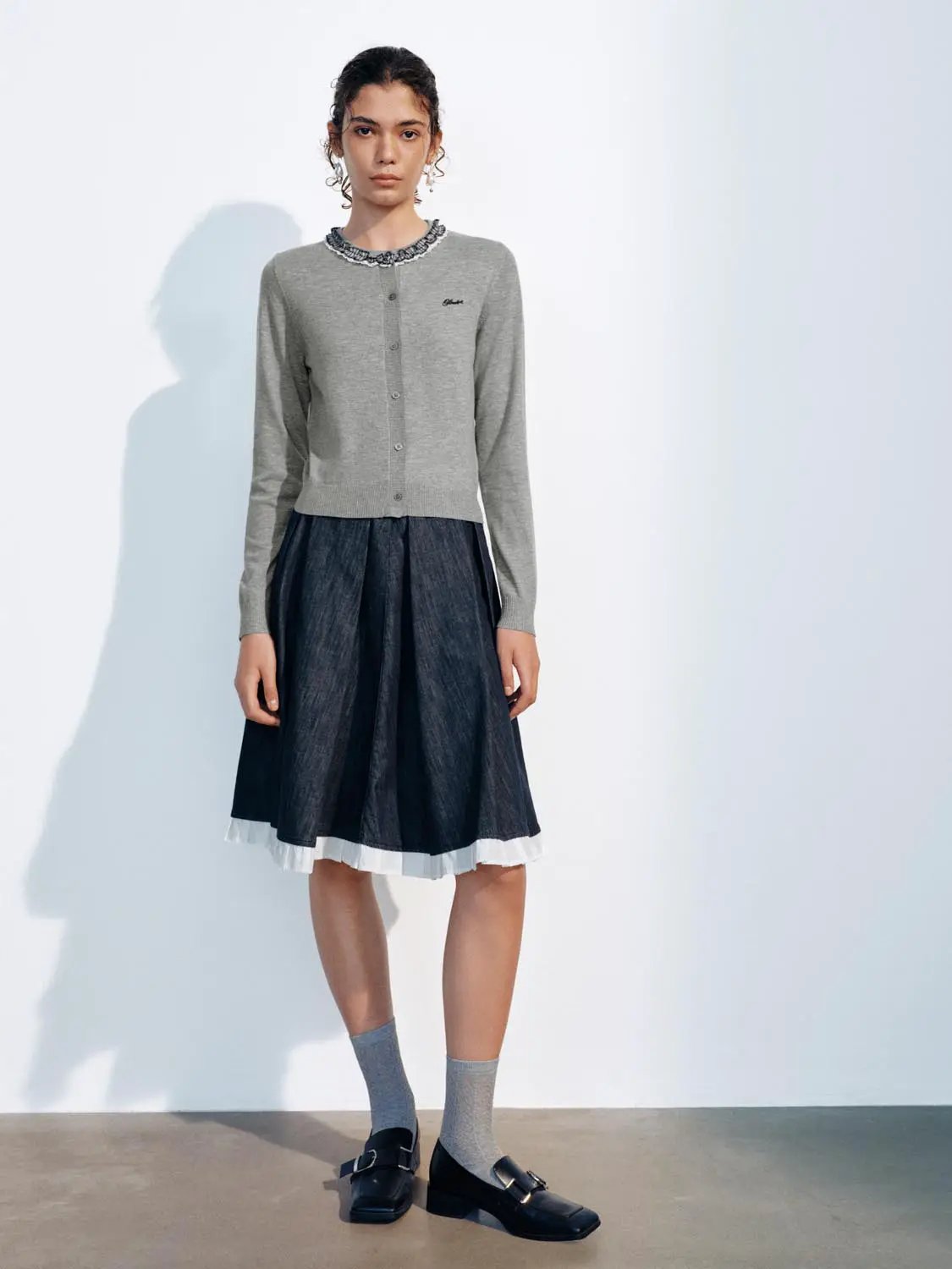 Ruffled Long Sleeve Button Front Knit Cardigan