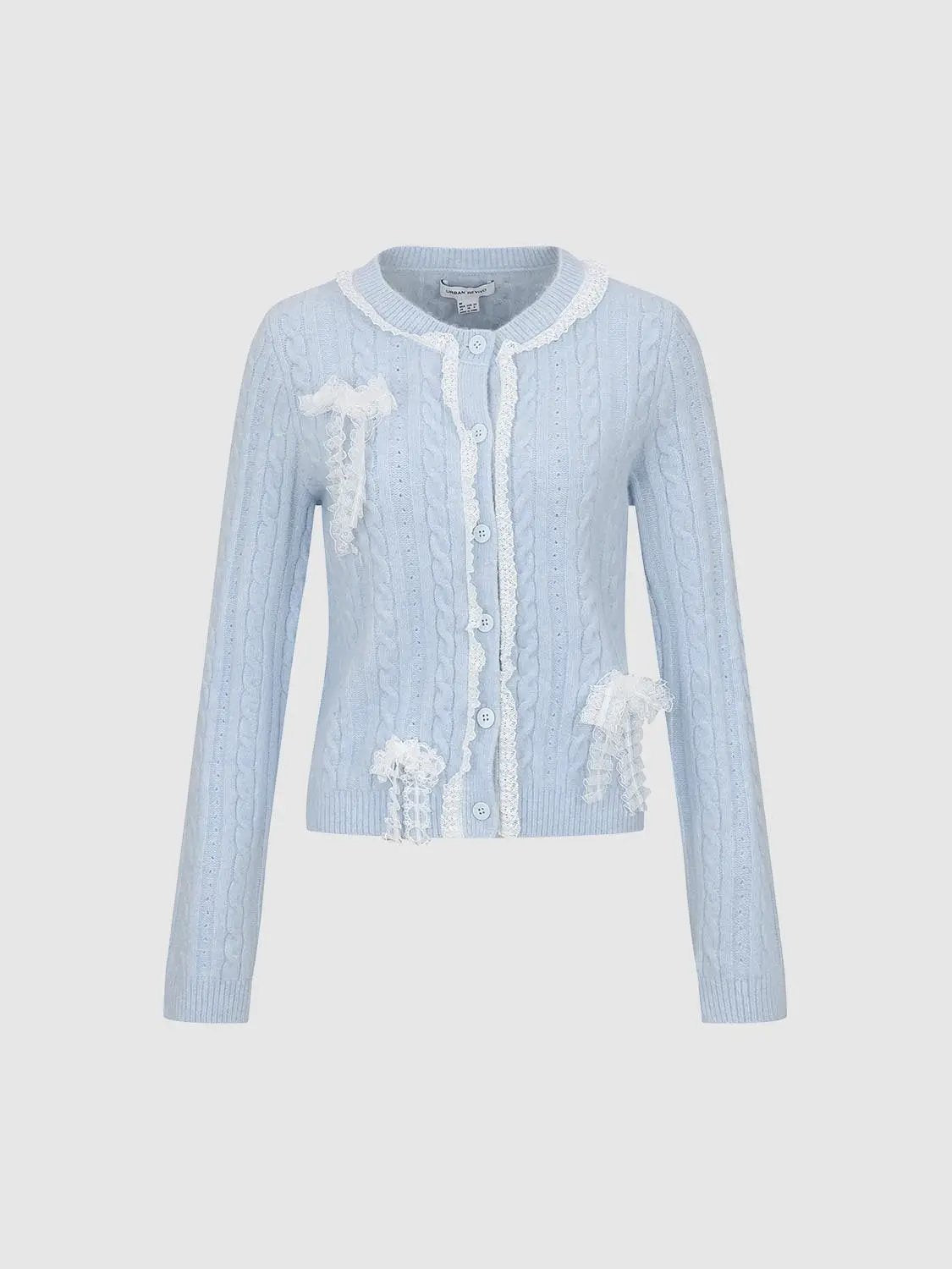 Ruffle Trim Crew Neck Cable Knit Long Sleeve Cardigan