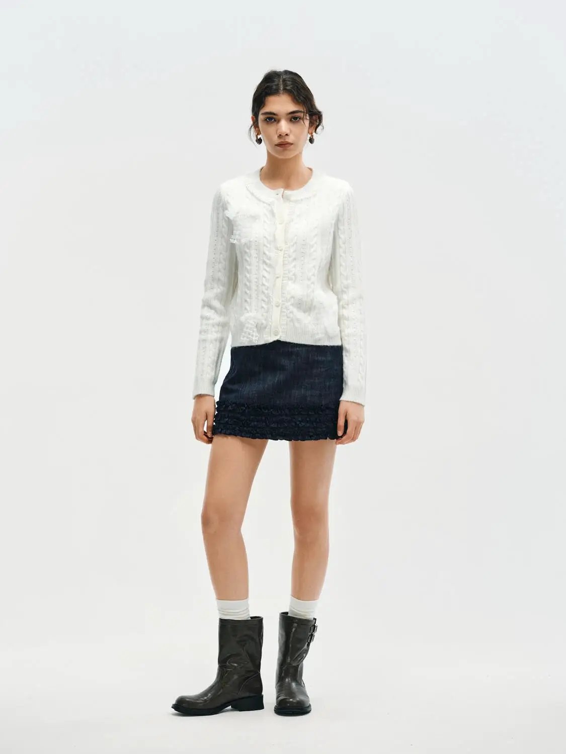 Ruffle Trim Crew Neck Cable Knit Long Sleeve Cardigan