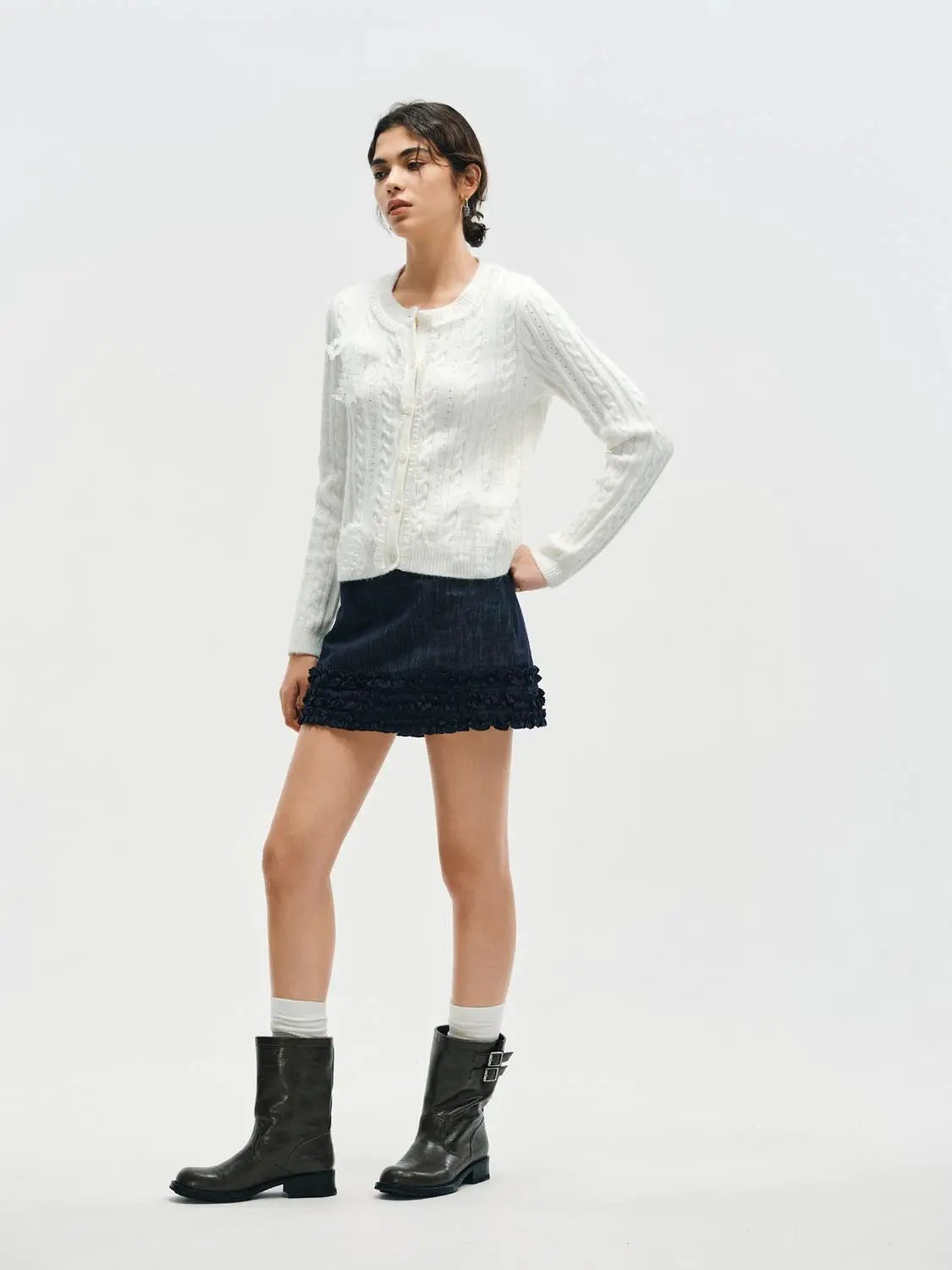 Ruffle Trim Crew Neck Cable Knit Long Sleeve Cardigan