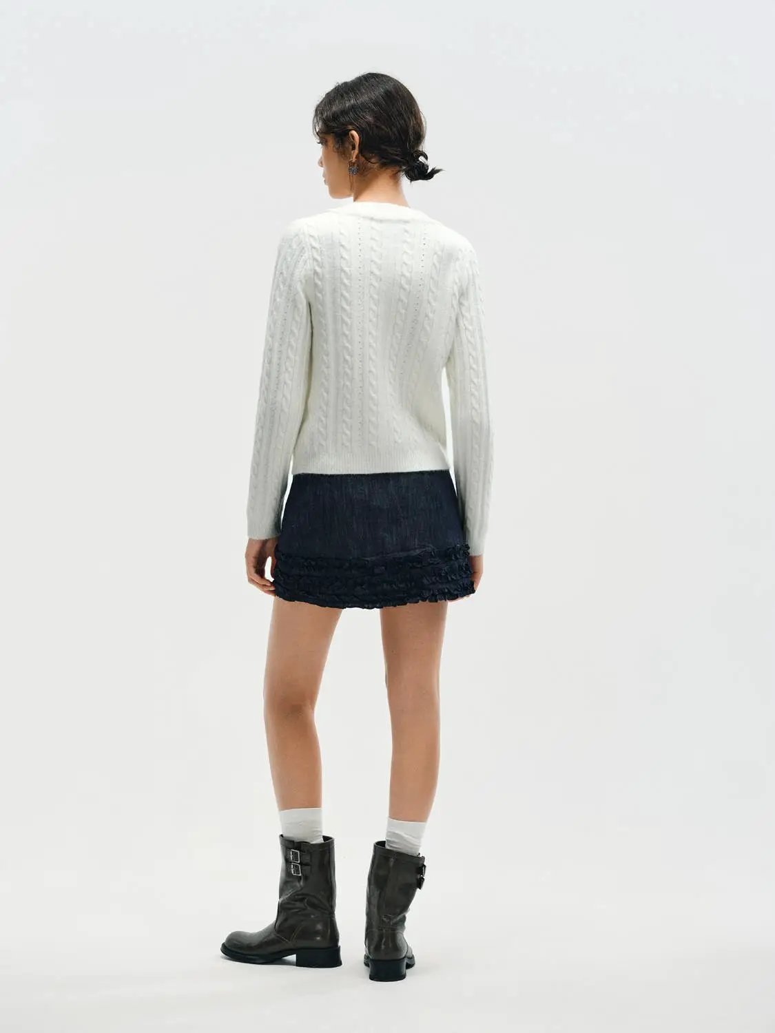 Ruffle Trim Crew Neck Cable Knit Long Sleeve Cardigan