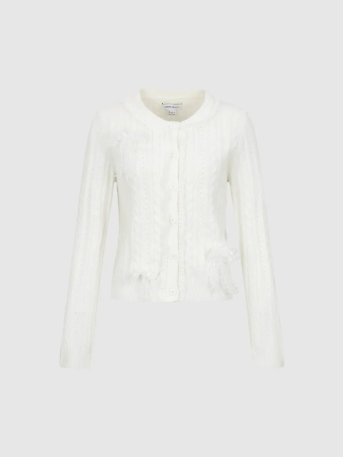 Ruffle Trim Crew Neck Cable Knit Long Sleeve Cardigan