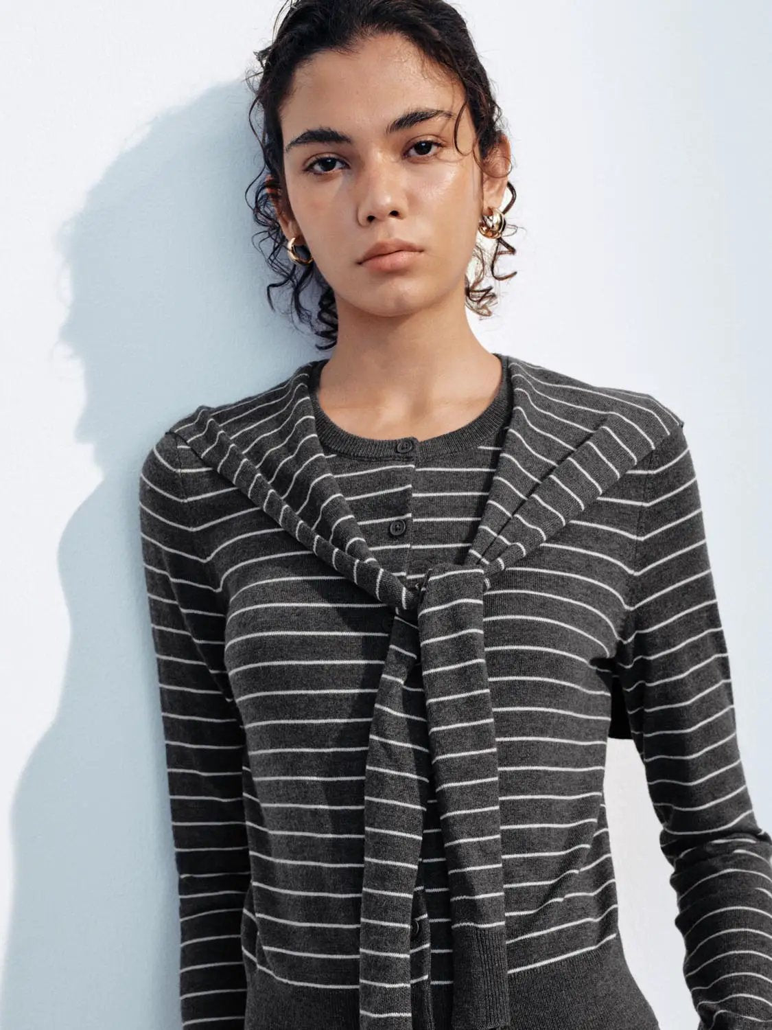 Striped Long Sleeve Shawl Collar Knit Cardigan