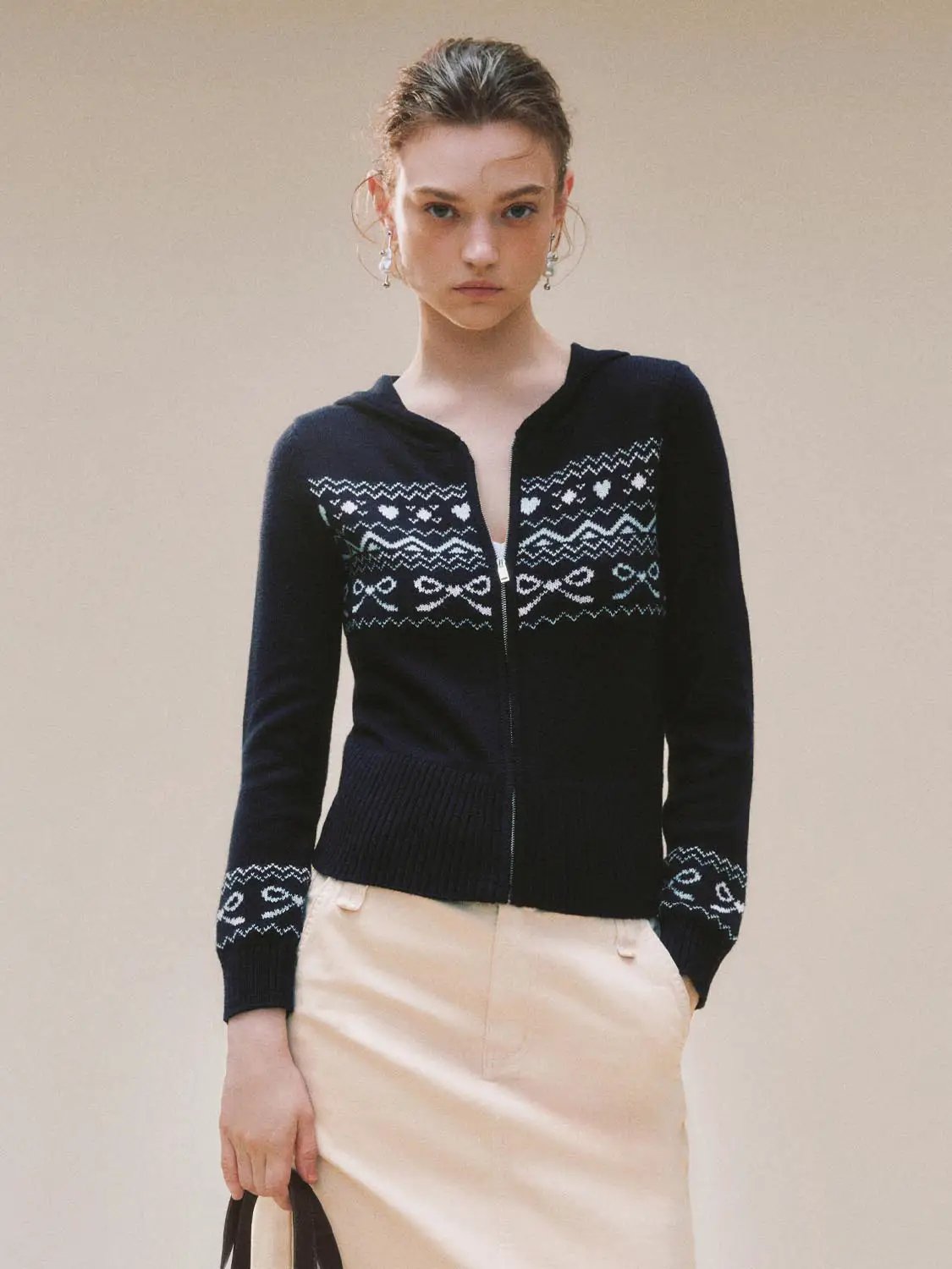Hooded Fair Isle Pattern Long Sleeve Zip Knit Jacket