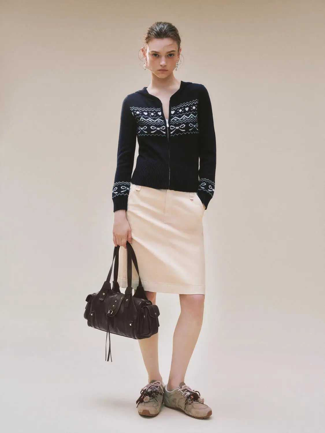 Hooded Fair Isle Pattern Long Sleeve Zip Knit Jacket