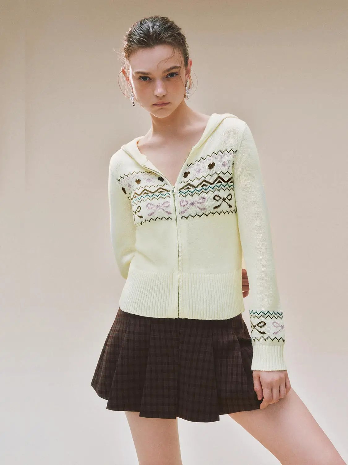 Hooded Fair Isle Pattern Long Sleeve Zip Knit Jacket