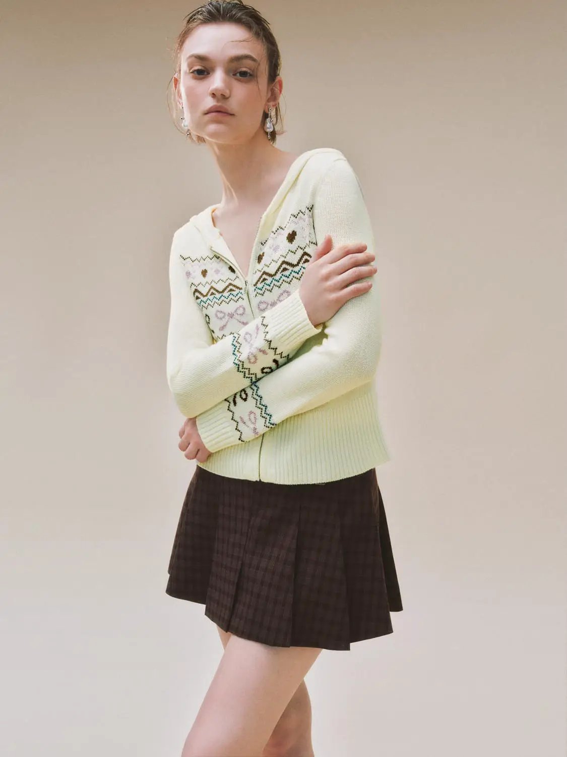 Hooded Fair Isle Pattern Long Sleeve Zip Knit Jacket