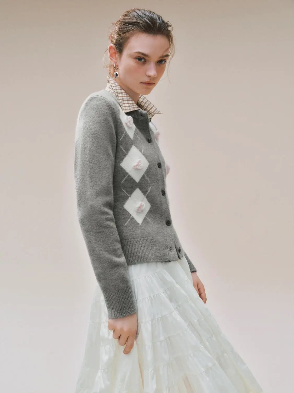 Argyle Floral Applique Knit Long Sleeve Cardigan