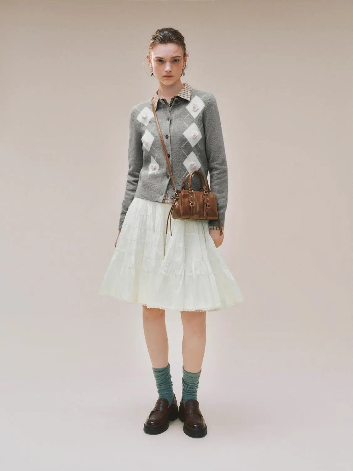 Argyle Floral Applique Knit Long Sleeve Cardigan