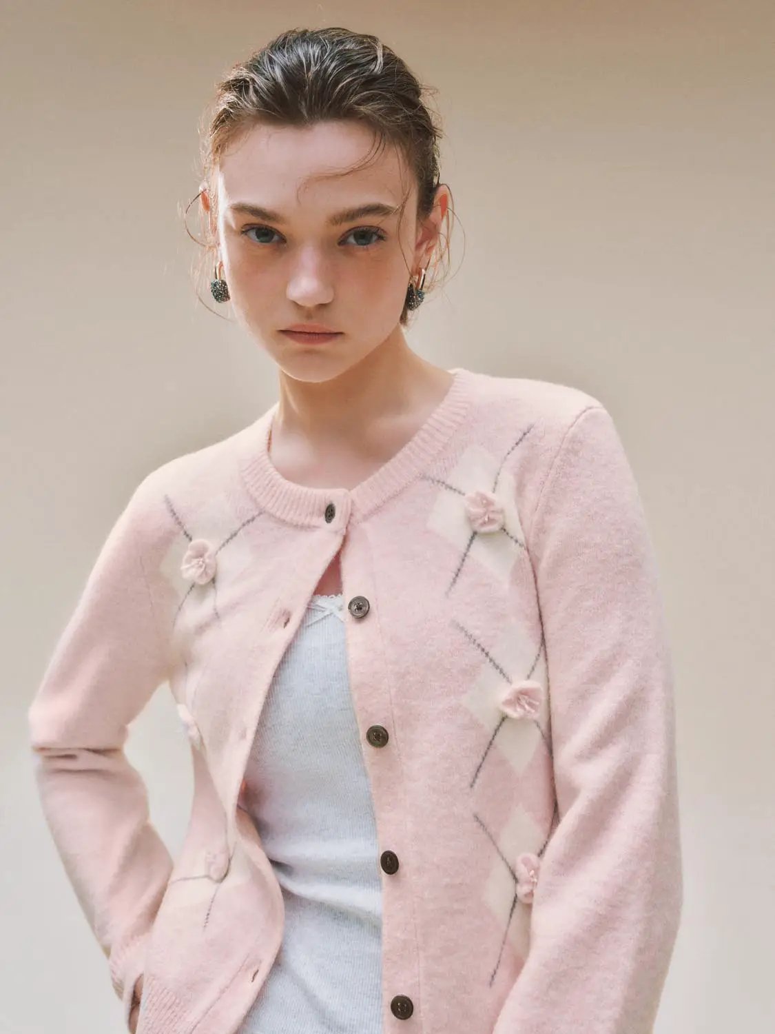 Argyle Floral Applique Knit Long Sleeve Cardigan
