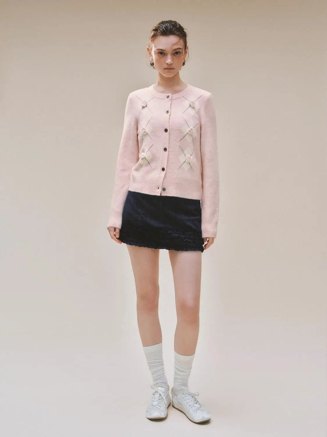 Argyle Floral Applique Knit Long Sleeve Cardigan