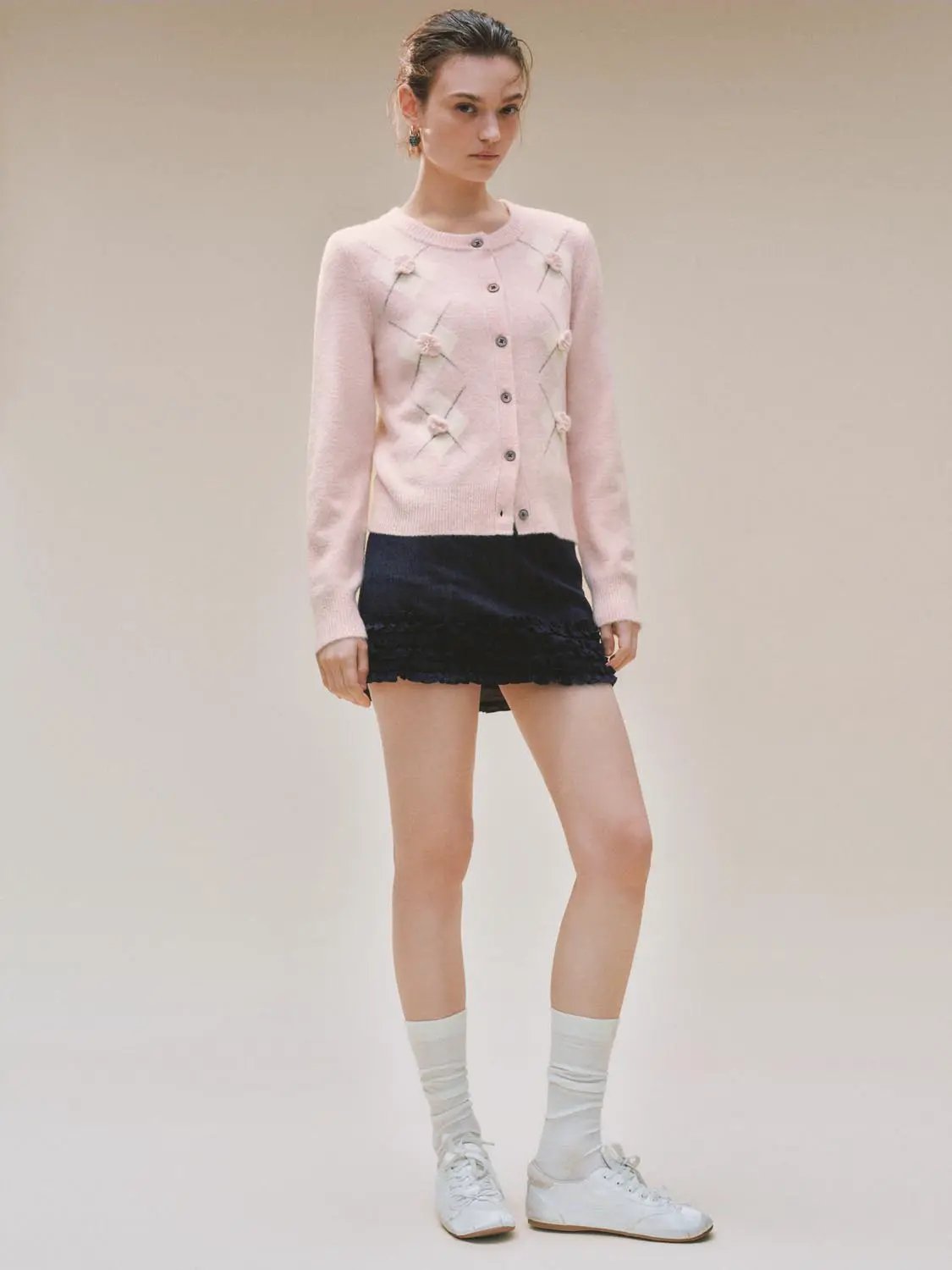 Argyle Floral Applique Knit Long Sleeve Cardigan