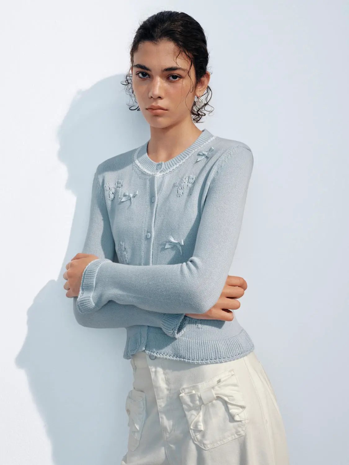Knitted Bow Detail Crew Neck Long Sleeve Cardigan