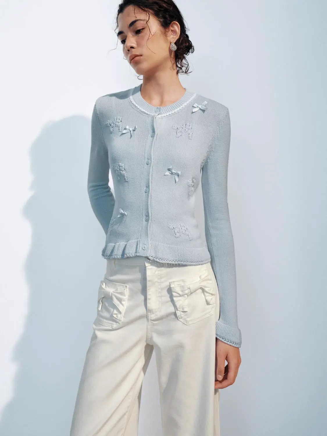 Knitted Bow Detail Crew Neck Long Sleeve Cardigan