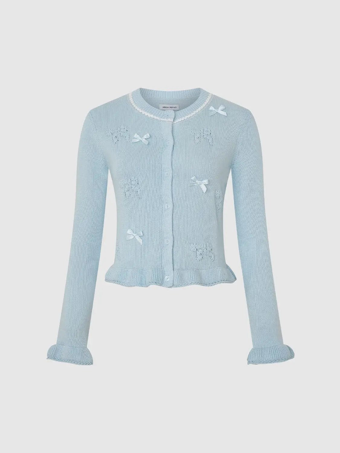 Knitted Bow Detail Crew Neck Long Sleeve Cardigan