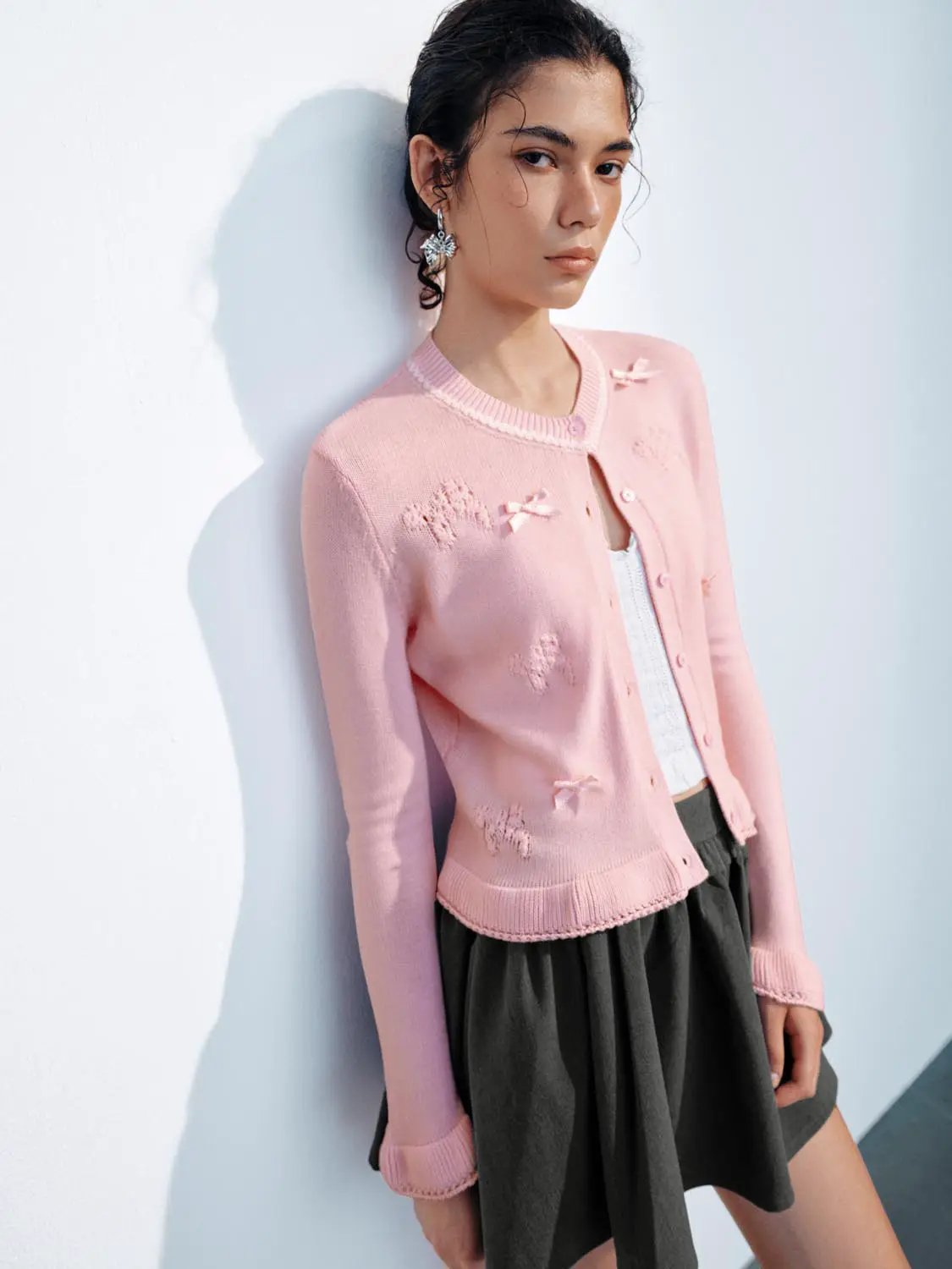 Knitted Bow Detail Crew Neck Long Sleeve Cardigan