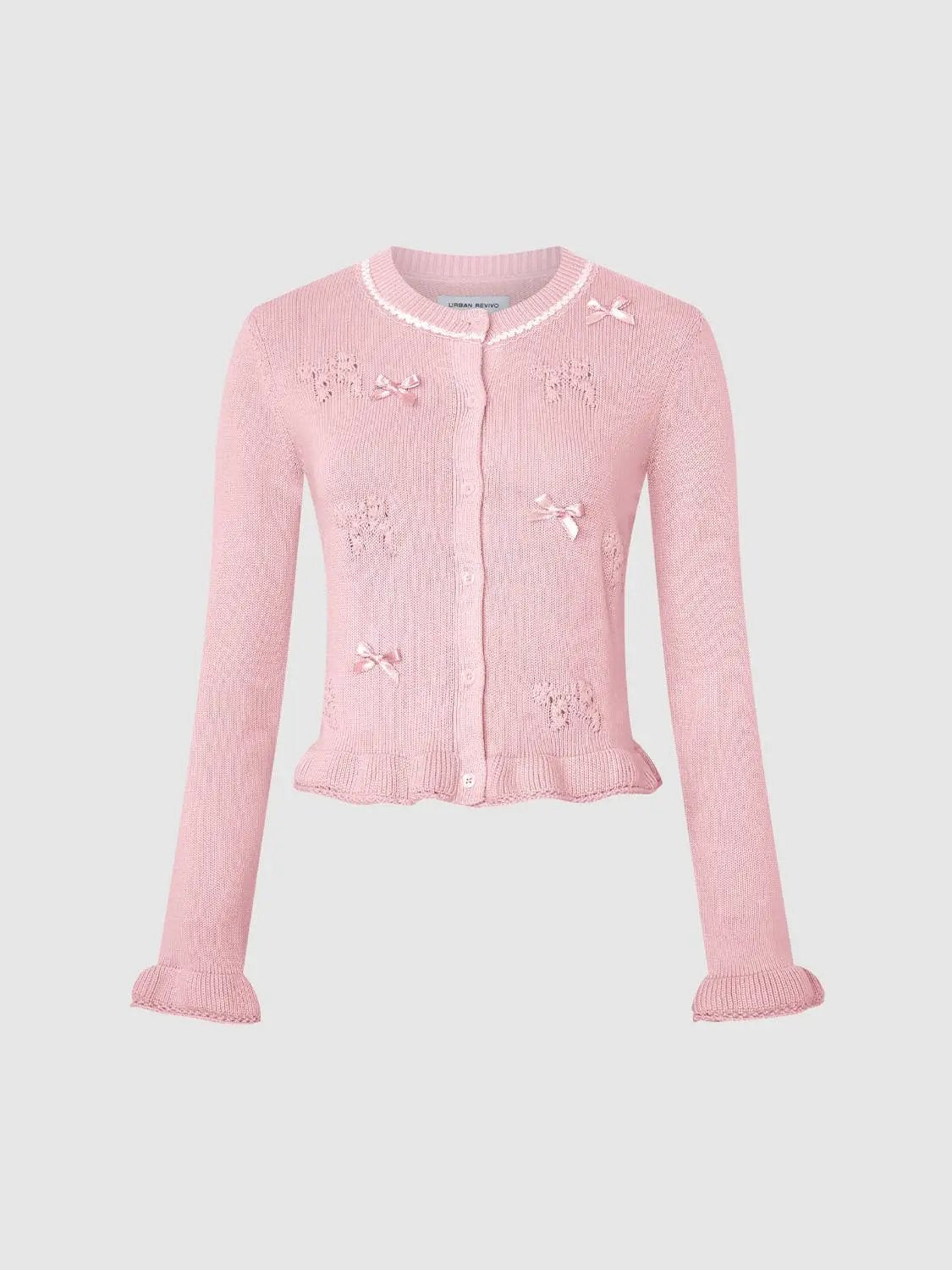 Knitted Bow Detail Crew Neck Long Sleeve Cardigan