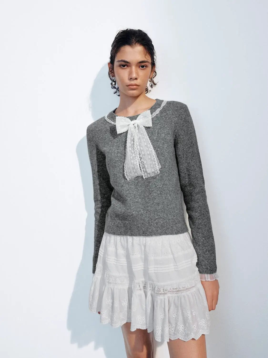 Lace Trim Bow Detail Long Sleeve Ribbed Sweater
