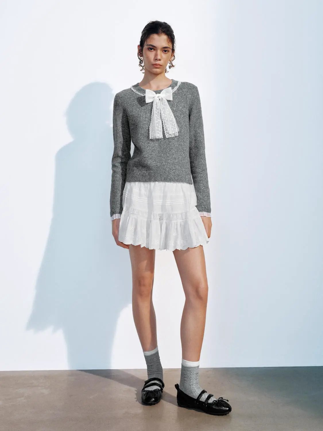 Lace Trim Bow Detail Long Sleeve Ribbed Sweater