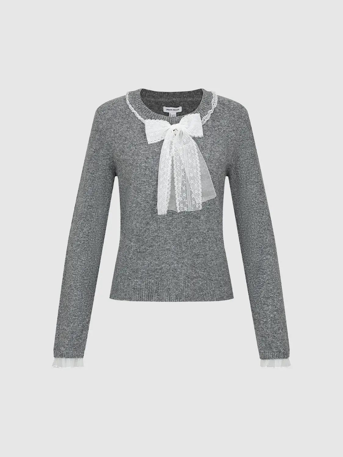 Lace Trim Bow Detail Long Sleeve Ribbed Sweater