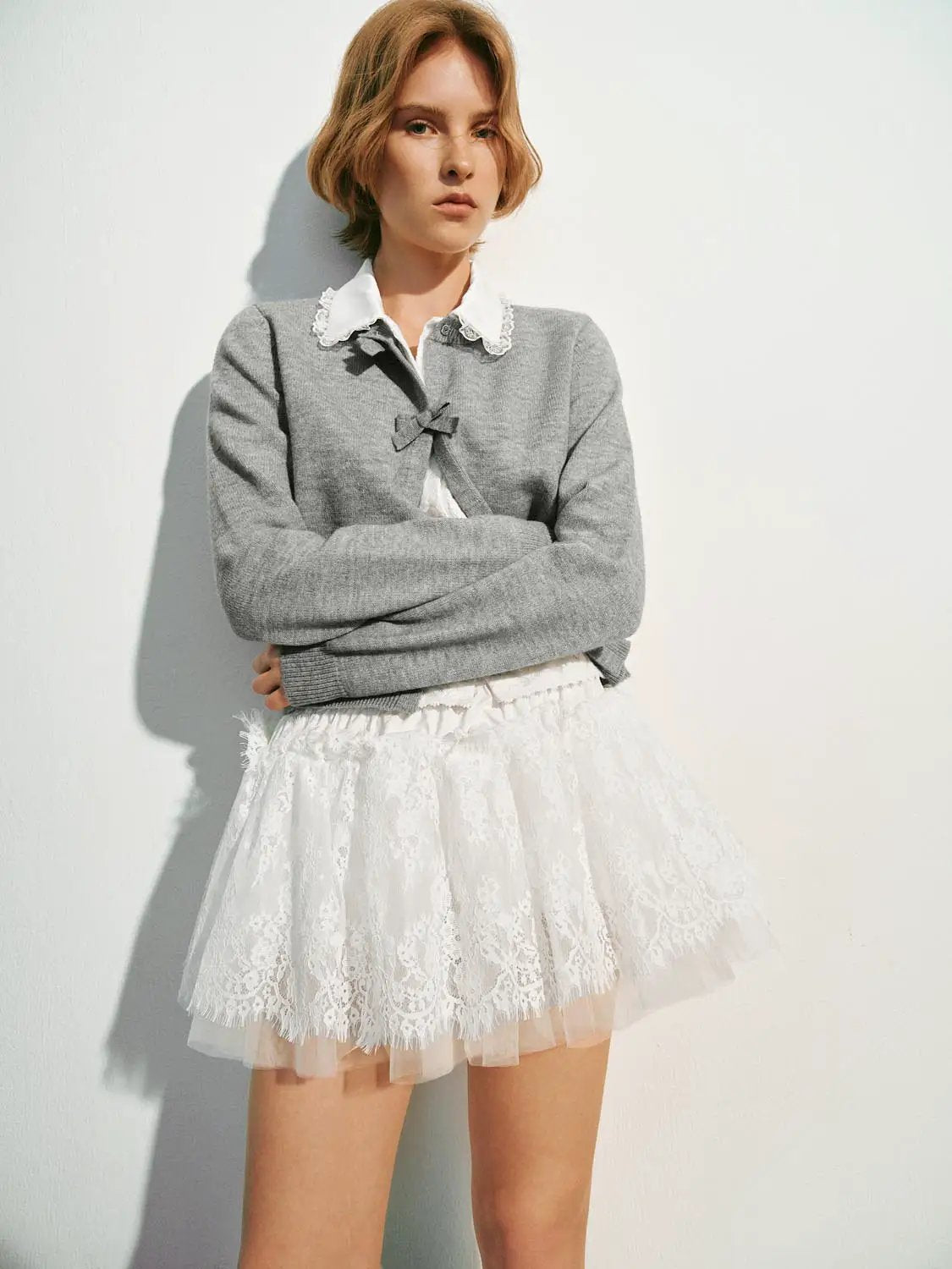 Bow Detail Long Sleeve Ribbed Knit Cardigan