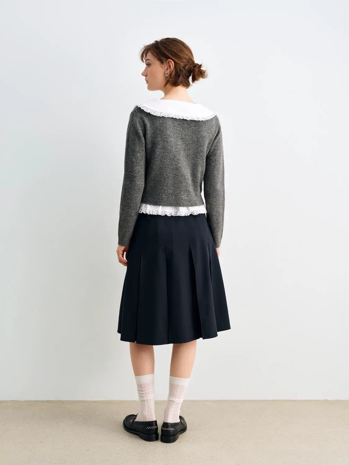 Lace Collar Lace Hem Long Sleeve Cardigan