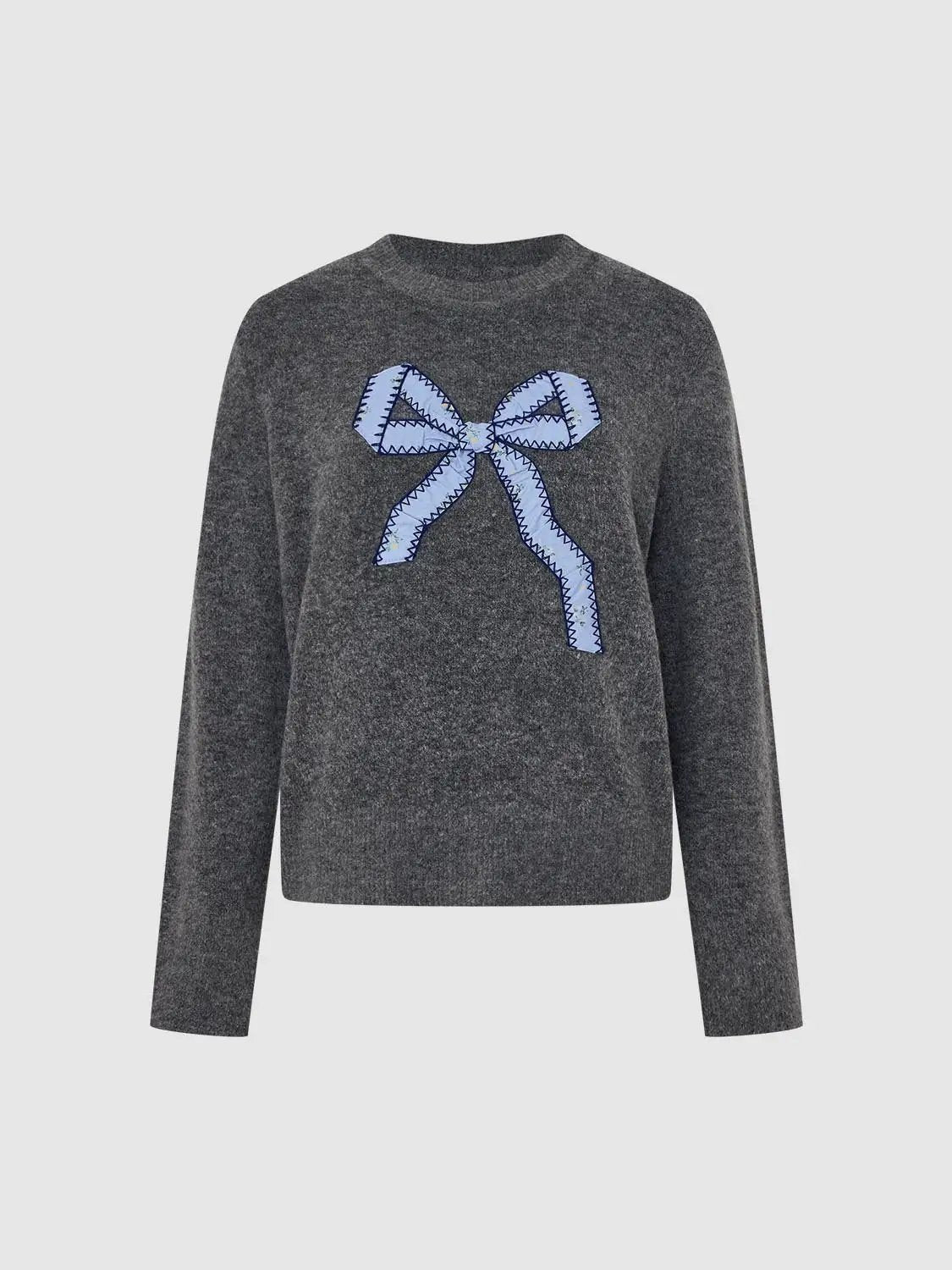 Bow Detail Long Sleeve Ribbed Crew Neck Sweater