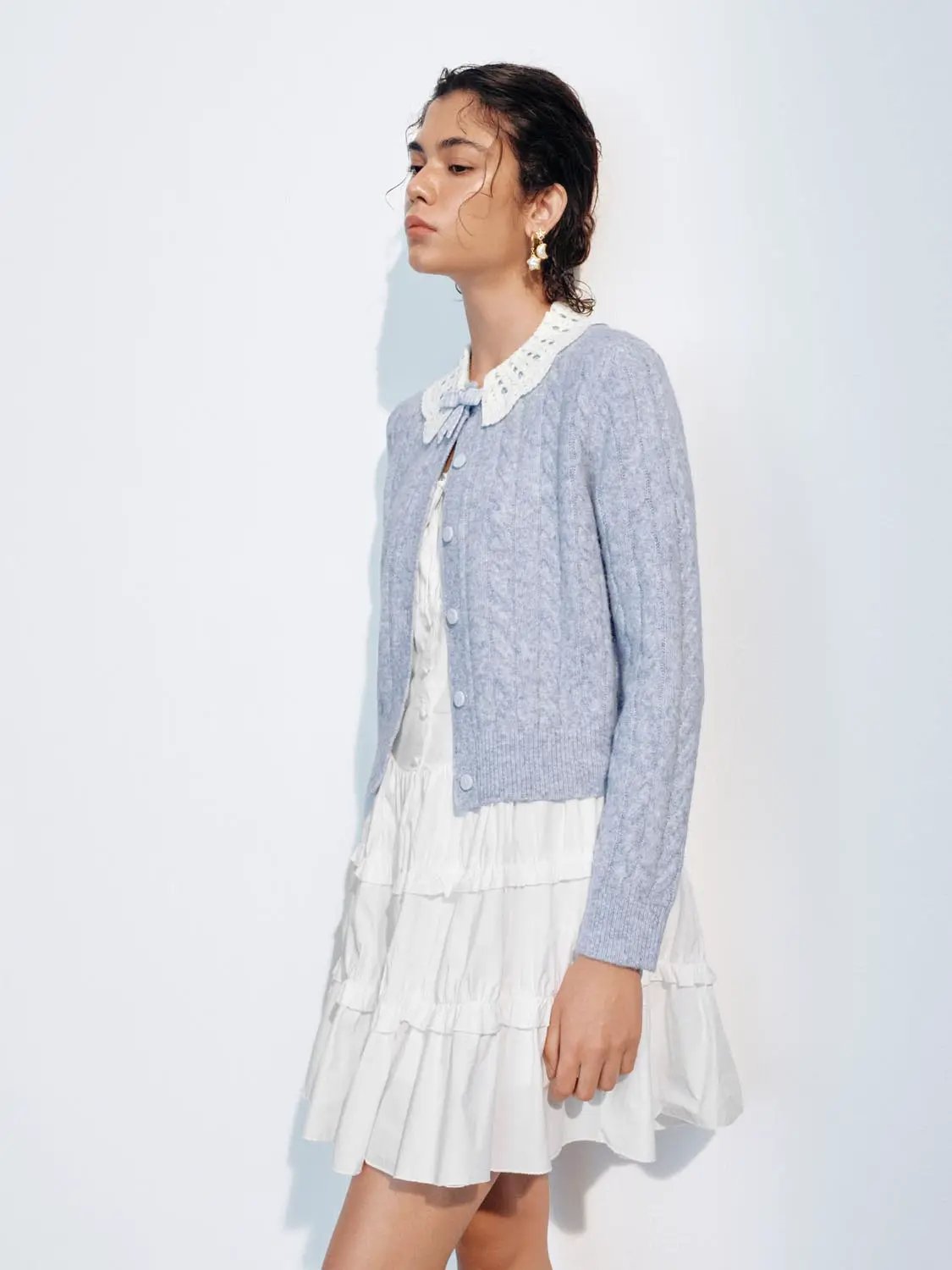 Bow Collar Cable Knit Long Sleeve Cardigan