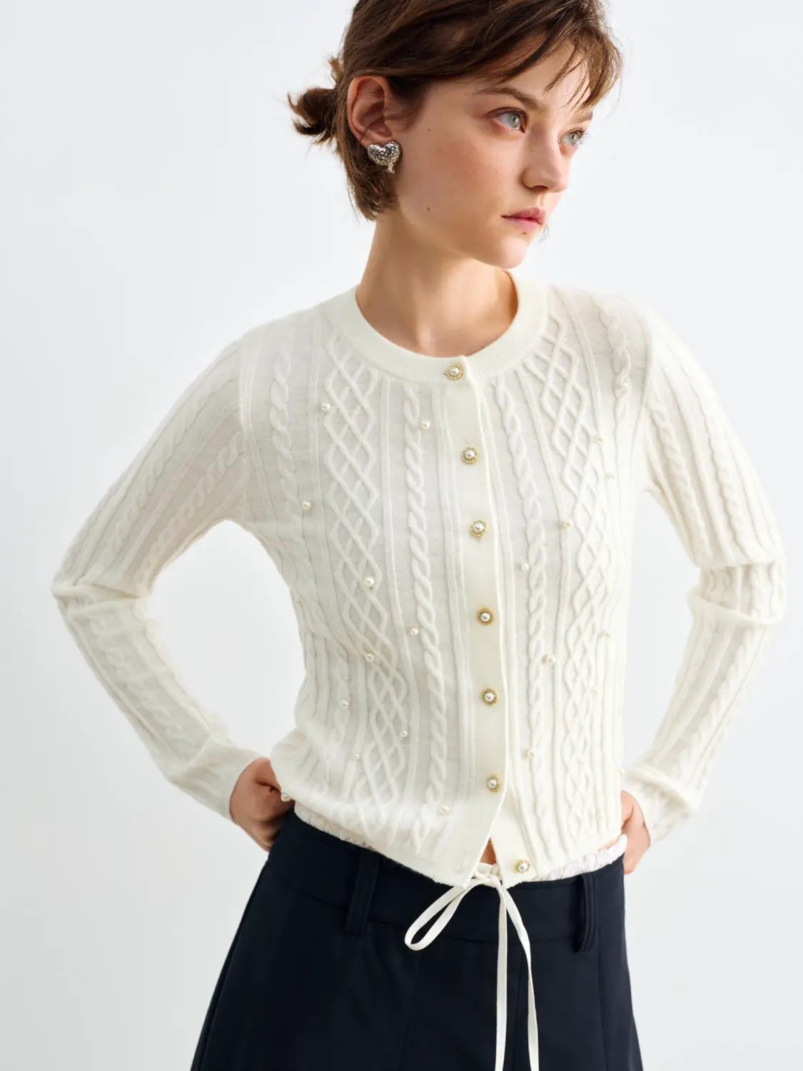 Cable Knit Pearl Button Crew Neck Long Sleeve Cardigan