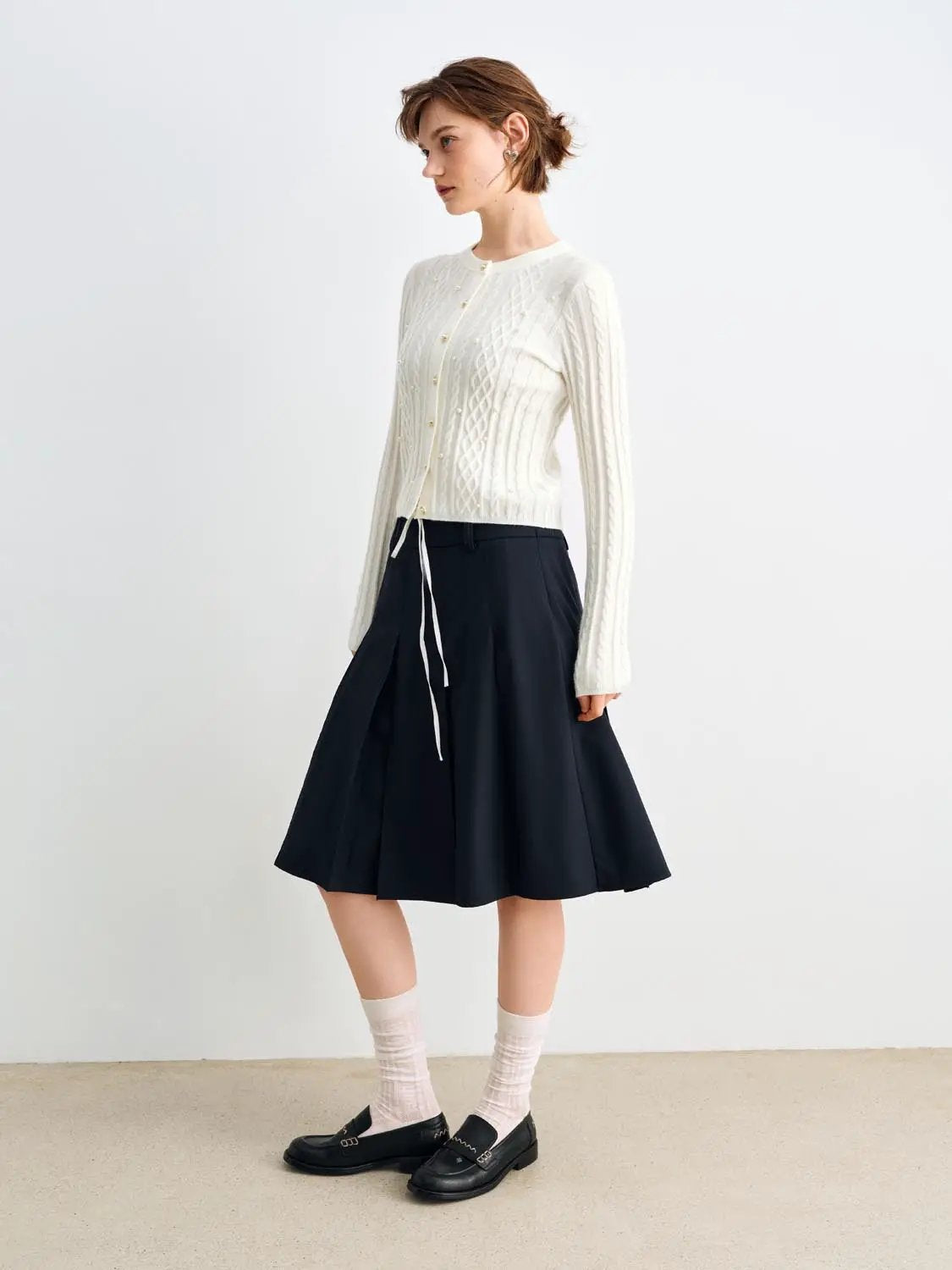 Cable Knit Pearl Button Crew Neck Long Sleeve Cardigan