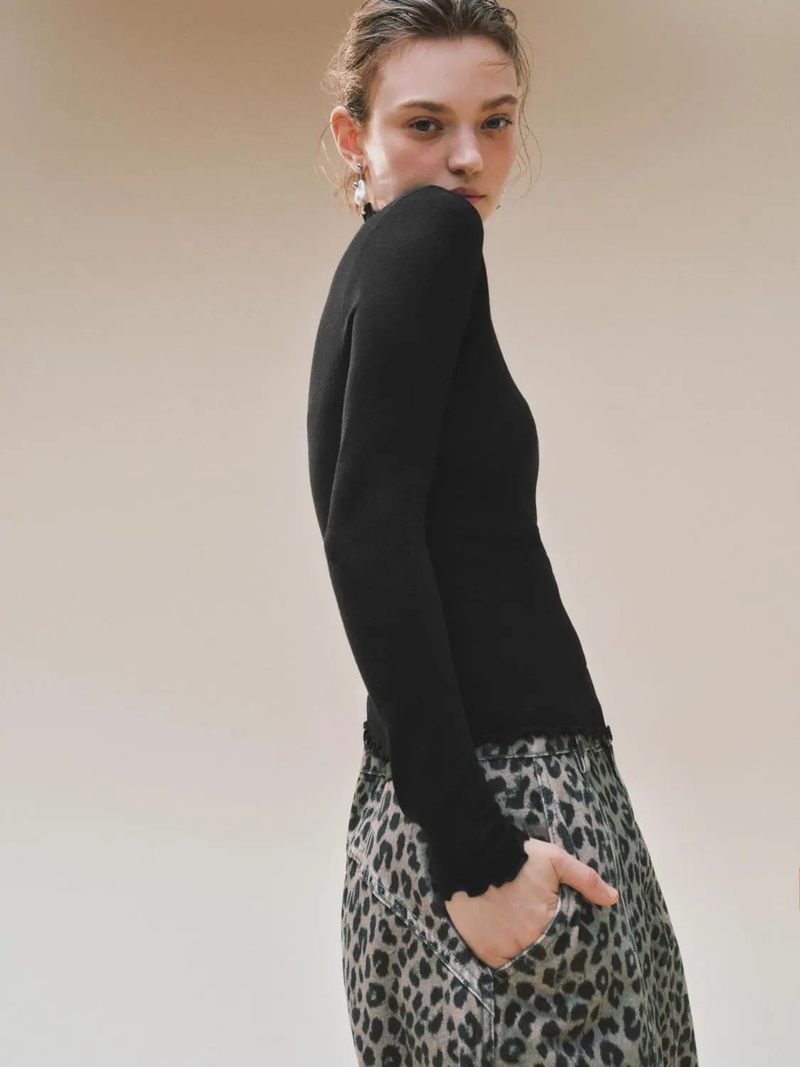 Ruffled Mock Neck Wavy Hem Long Sleeve Knit Top