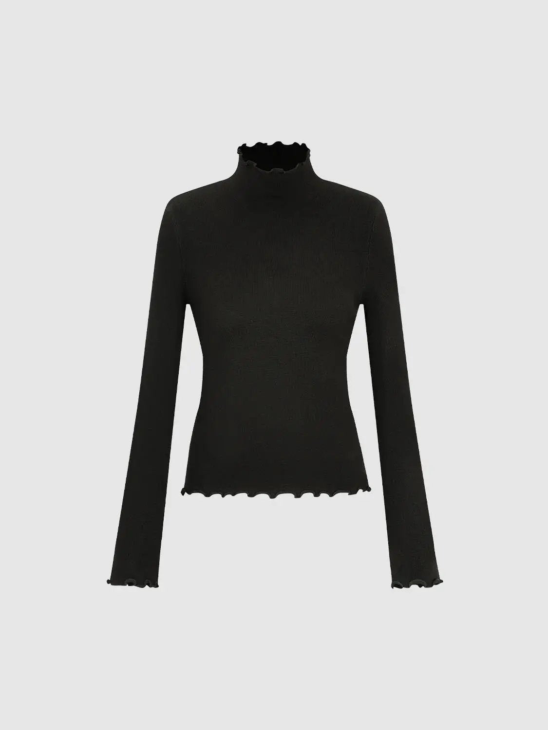 Ruffled Mock Neck Wavy Hem Long Sleeve Knit Top