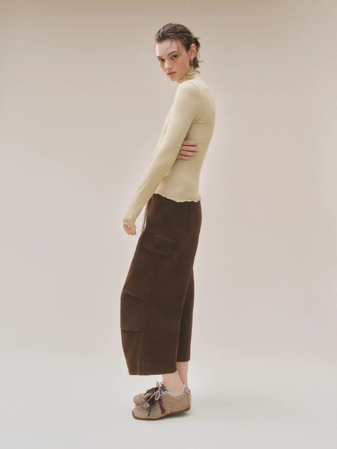 Ruffled Mock Neck Wavy Hem Long Sleeve Knit Top