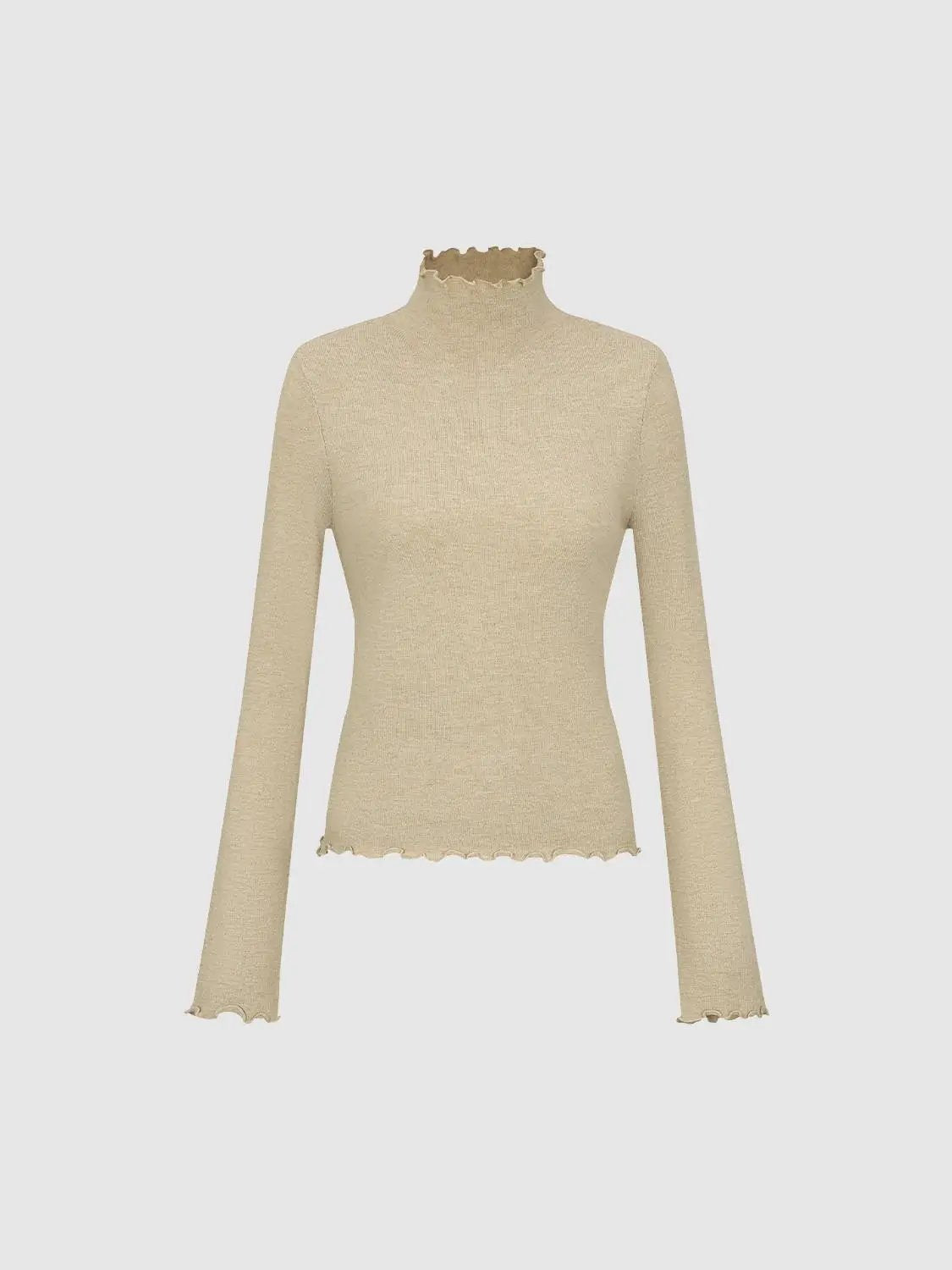 Ruffled Mock Neck Wavy Hem Long Sleeve Knit Top