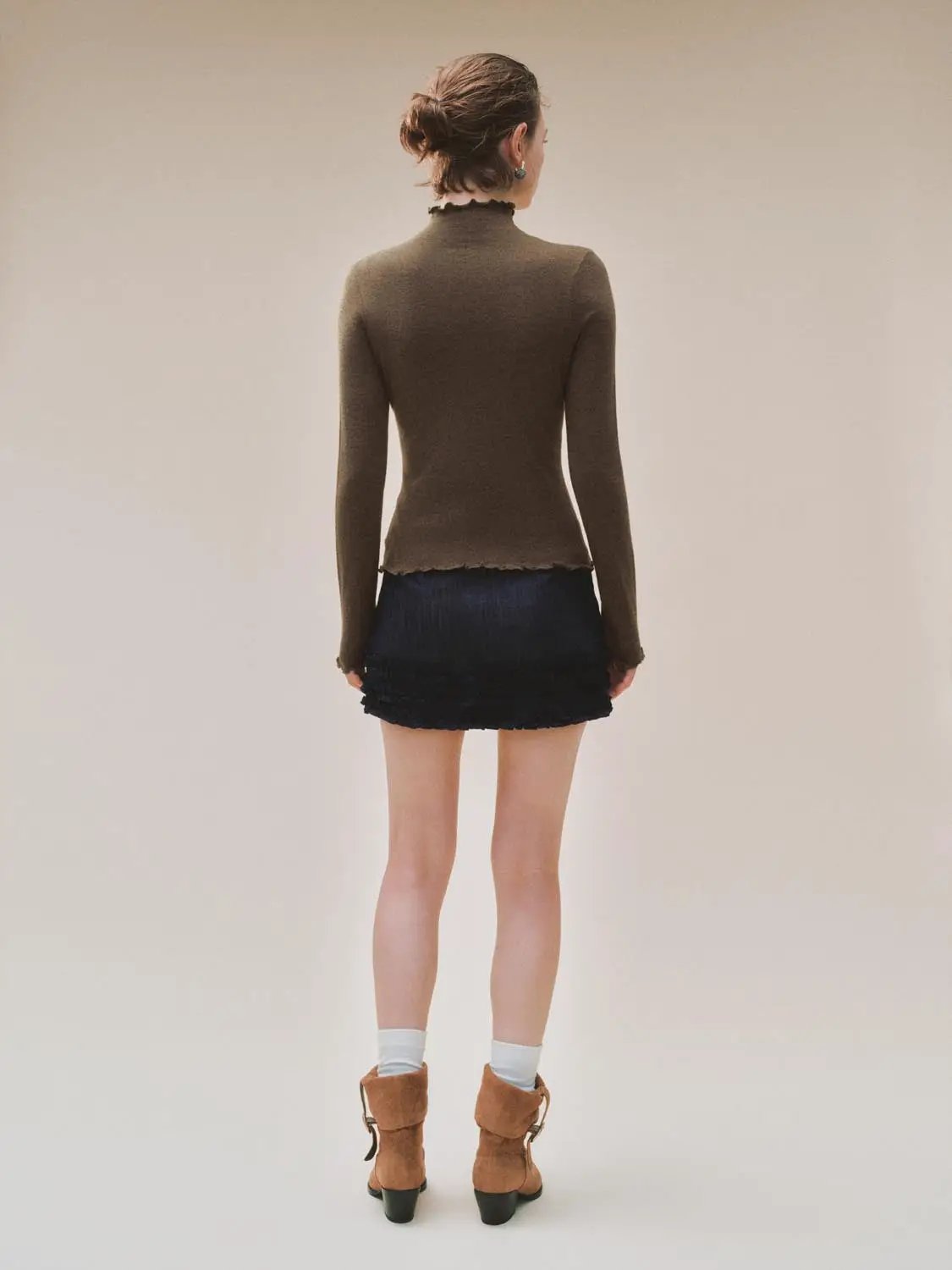 Ruffled Mock Neck Wavy Hem Long Sleeve Knit Top