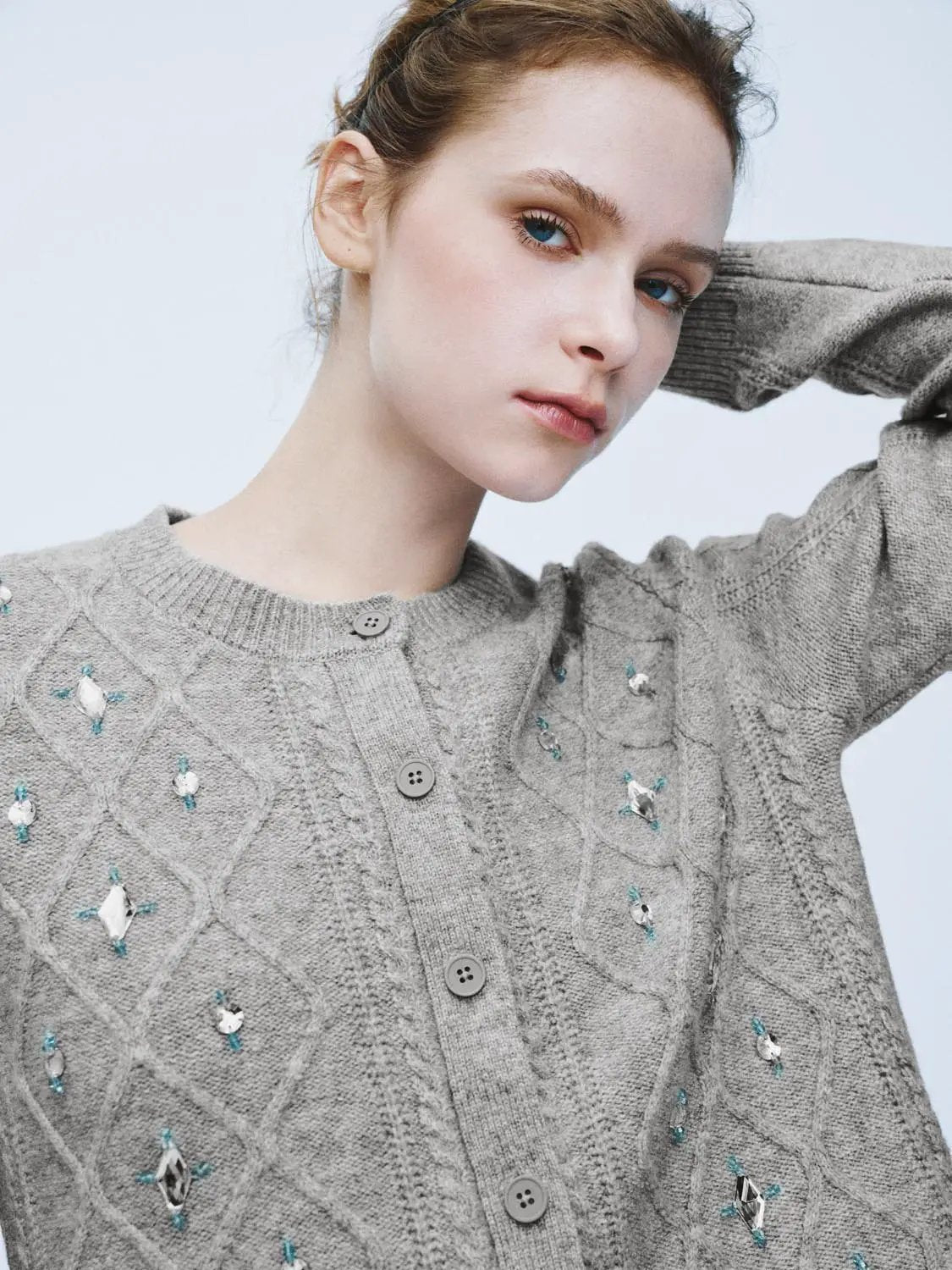 Embellished Cable Knit Long Sleeve Cardigan