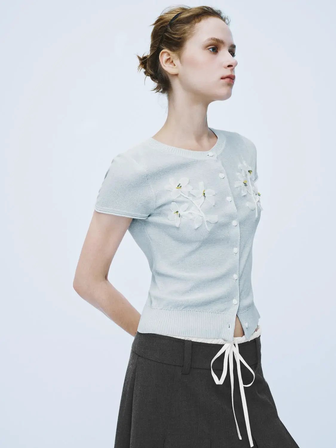 Floral Embroidered Crew Neck Short Sleeve Knitted Cardigan