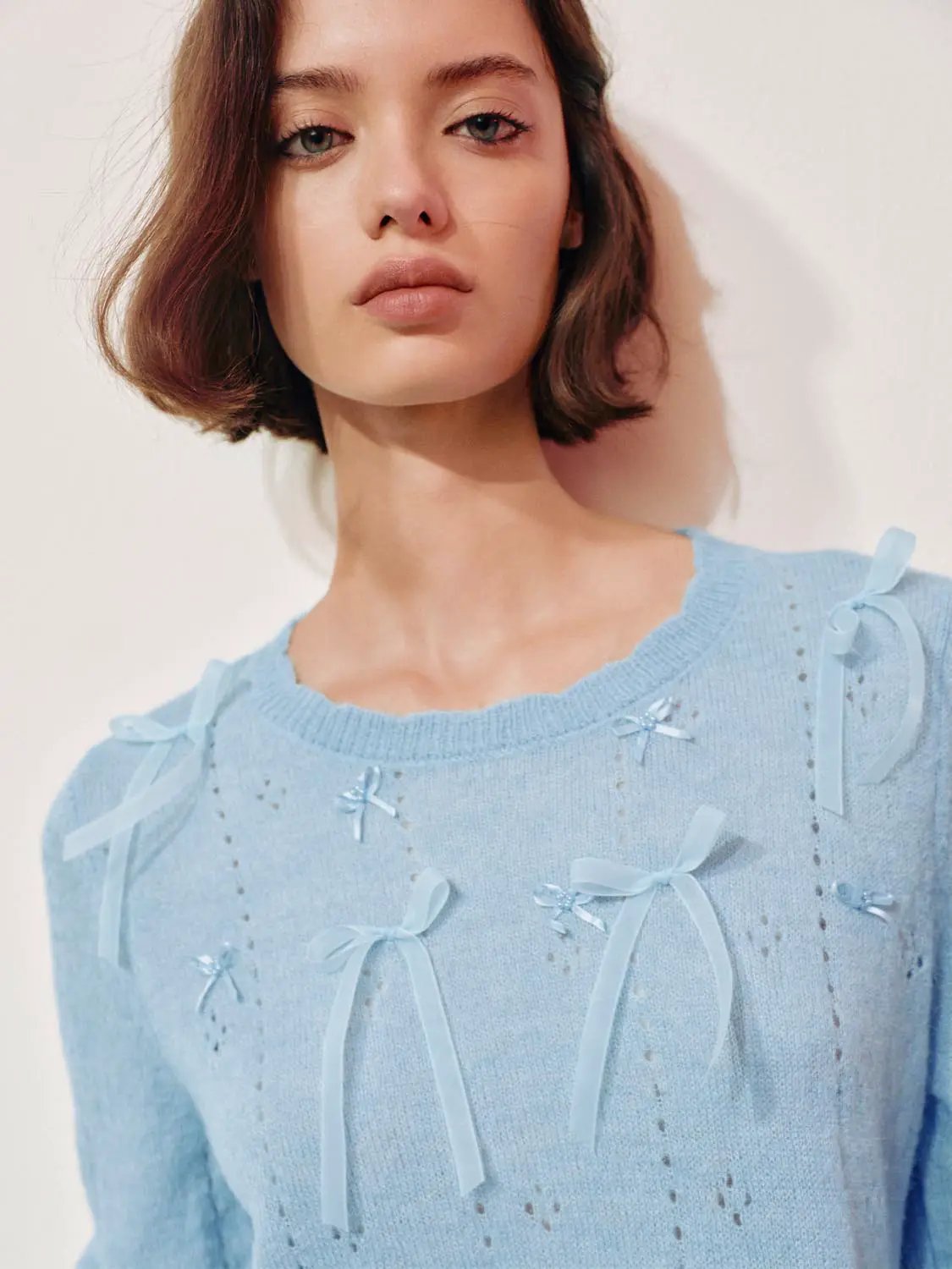 Bow Detail Textured Crew Neck Long Sleeve Sweater