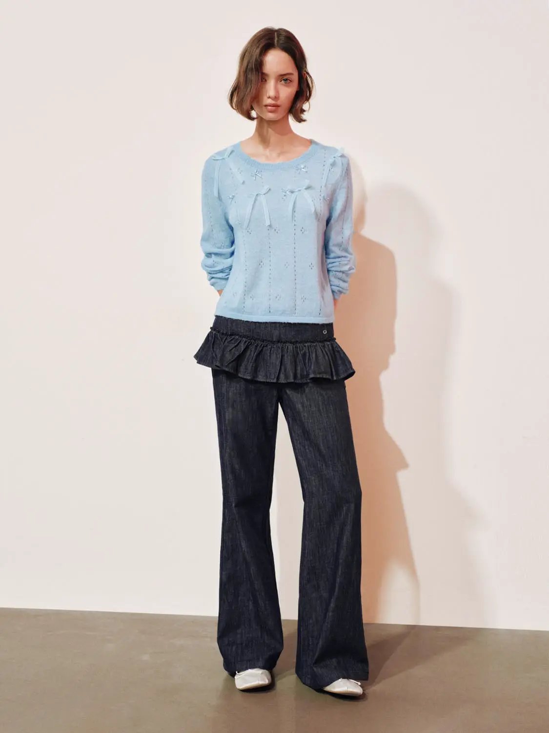 Bow Detail Textured Crew Neck Long Sleeve Sweater
