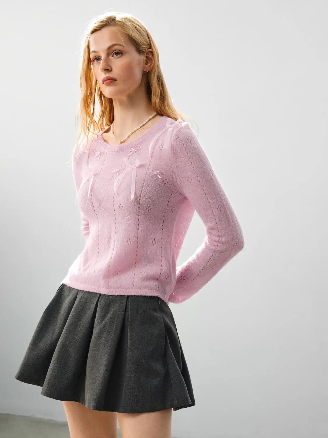 Bow Detail Textured Crew Neck Long Sleeve Sweater