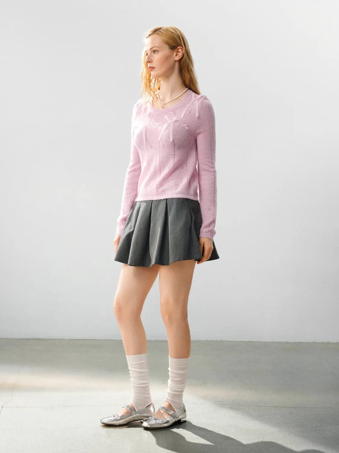 Bow Detail Textured Crew Neck Long Sleeve Sweater