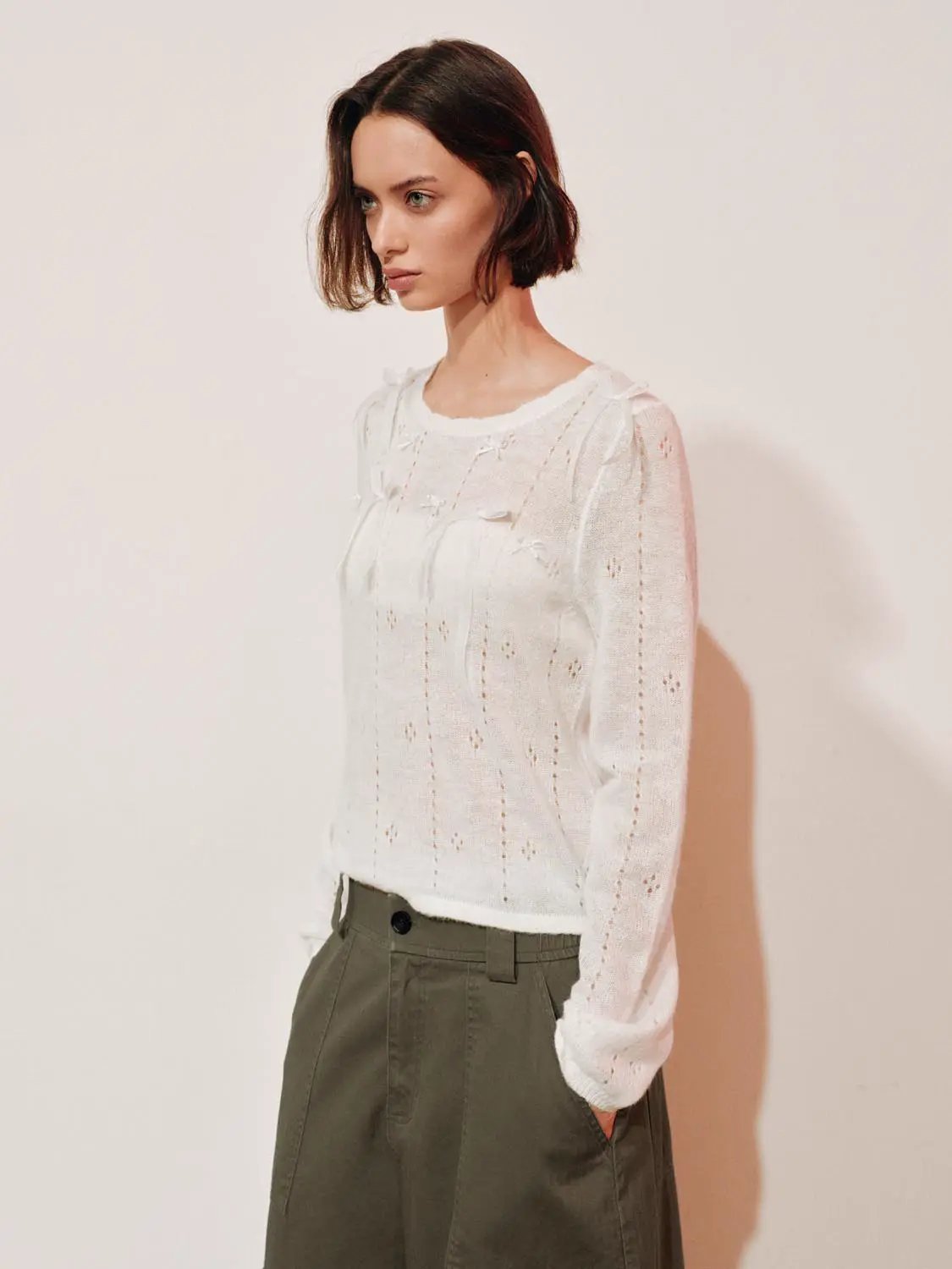 Bow Detail Textured Crew Neck Long Sleeve Sweater